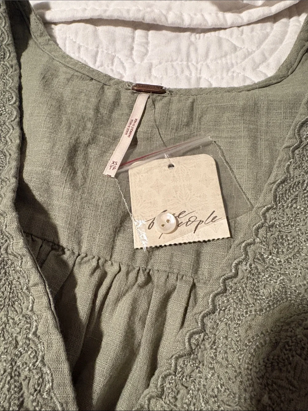 FREE PEOPLE NWT Sage Green Embroidered Button-Front Tunic